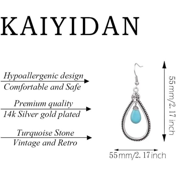 Turquoise Teardrop Shaped Vintage Long Summer Earring for Women Jewelry - Picture 5 of 10